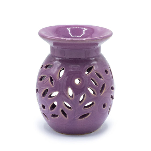 Purple ceramic oil burner with floral design on a white background