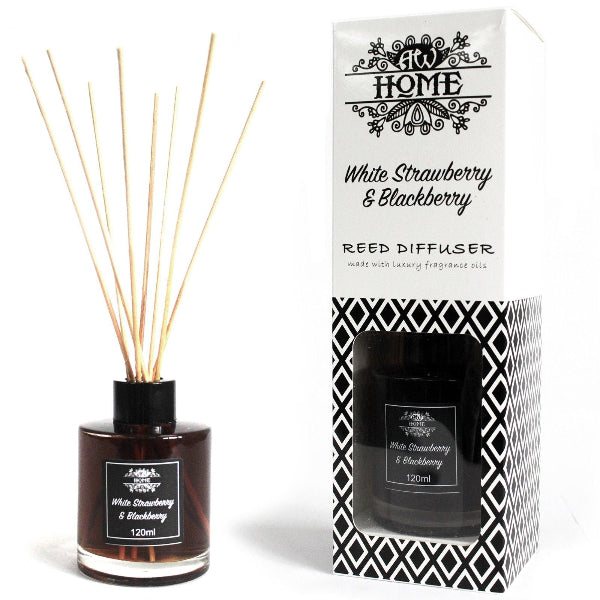 Reed diffuser with packaging labeled 'White Strawberry & Blackberry' on a white background