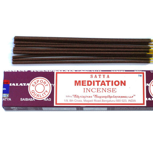 Satya Meditation incense sticks with packaging on a white background