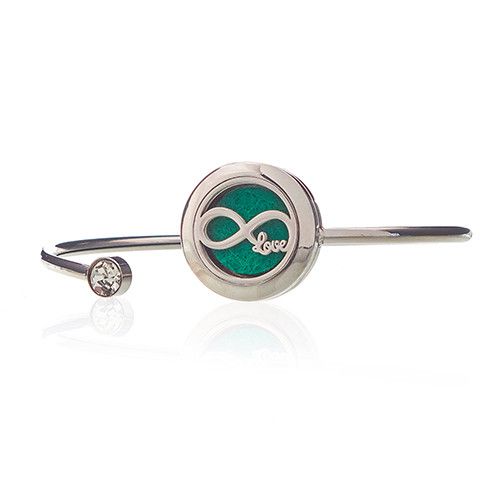 Bangle with green circular charm featuring an infinity symbol and 'Love' text on a white background