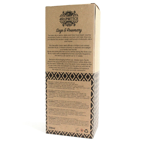 Cardboard packaging of Sage & Rosemary diffuser sticks with branding and text on a white background