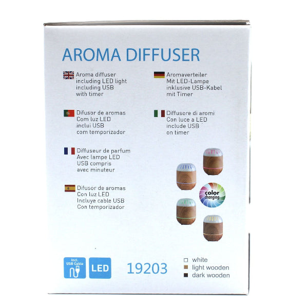 Aroma diffuser packaging with product details on a white background