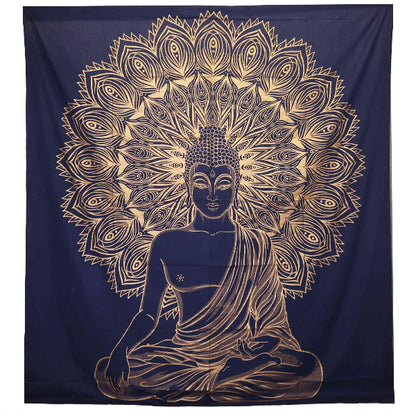 Navy blue tapestry with gold mandala and Buddha design