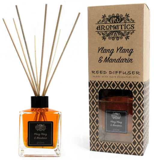 Reed diffuser with packaging labeled 'AW Aromatics Ylang Ylang & Mandarin' on a white background