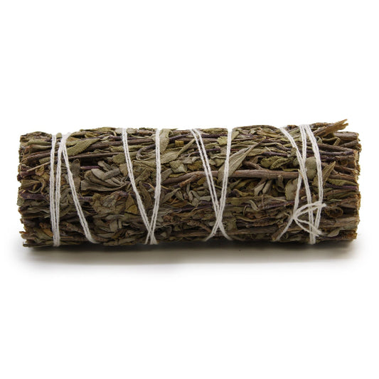 Rolled sage bundle tied with twine on a white background