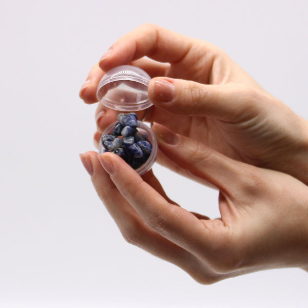 Hand holding a small transparent container with blueberries against a light gray background