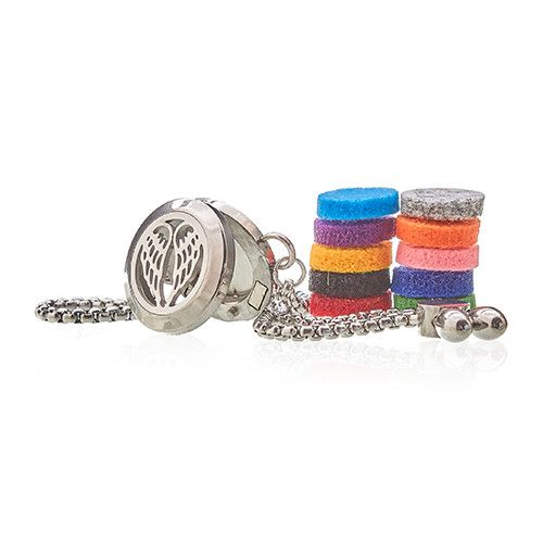 Aromatherapy diffuser necklace with colorfulapellets on a white background