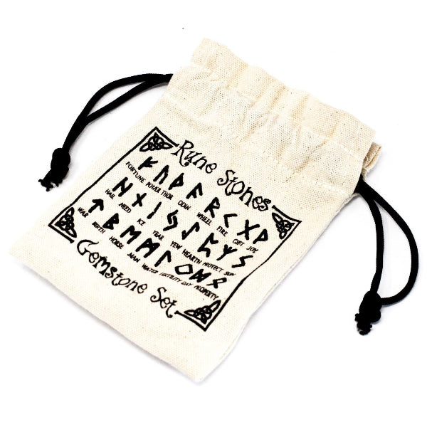 Beige drawstring bag with black text and graphics on a white background