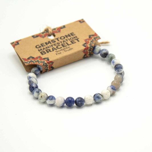 Beaded bracelet with a label on a white background