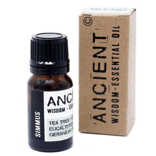 Essential oil bottle with black cap and label next to a cardboard box labeled 'Ancient Wisdom Essential Oil' on a white background.