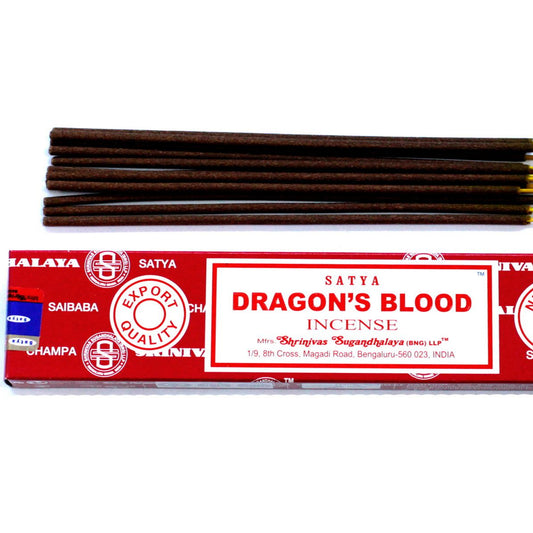 Satya Dragon's Blood incense sticks with packaging on a white background