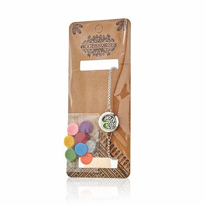 Jewelry set with colorful beads and a circular pendant on a branded card.
