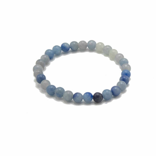Beaded bracelet with blue and gray beads on a white background