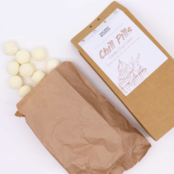 Box of 'Chill Pills' with white balls on a white background