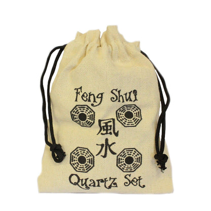 Beige drawstring bag with 'Feng Shui Quartz Set' text and symbols on a white background