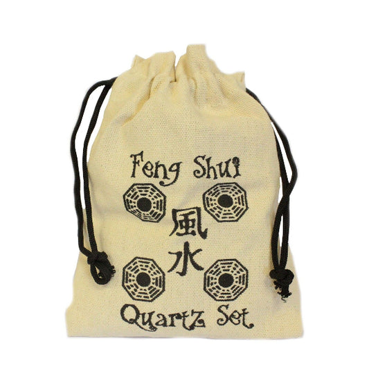 Beige drawstring bag with 'Feng Shui Quartz Set' text and symbols on a white background