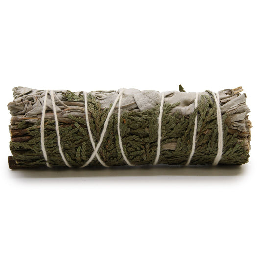 Rolled sage bundle tied with white string on a white background