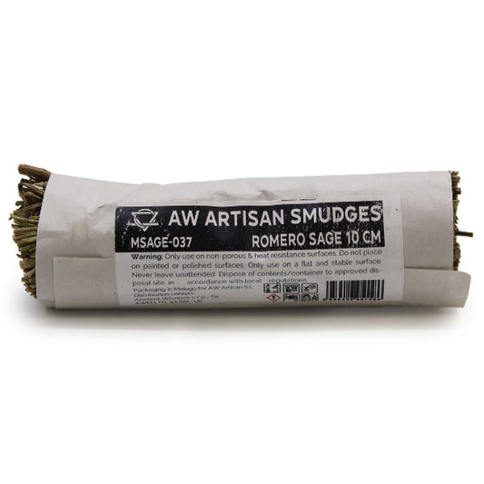 Rolled sage smudge stick with AW Artisan Smudges branding on a white background
