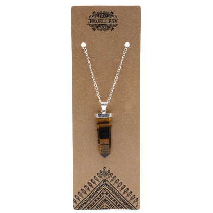 Necklace with a tiger eye pendant on a brown card labeled 'Jewellery'.