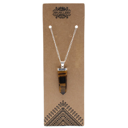 Necklace with a tiger eye pendant on a brown card labeled 'Jewellery'.