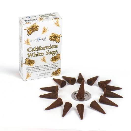 Stanford Californian White Sage incense cones with packaging on a white background