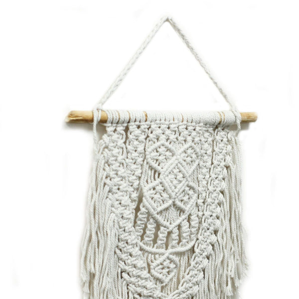 Macrame wall hanging with braided design on a white background