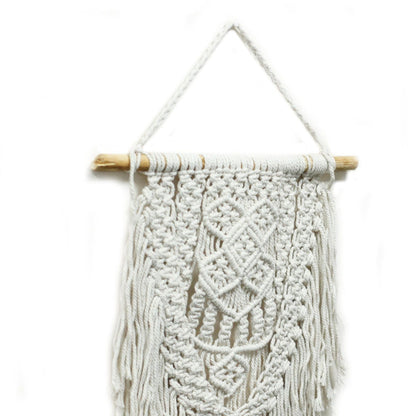 Macrame wall hanging with braided design on a white background