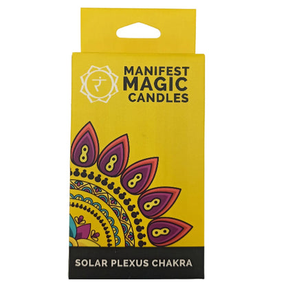 Manifest Magic Candles packaging with mandala design on a yellow background