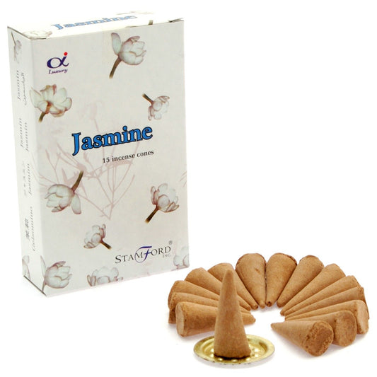 Jasmine incense cones with packaging on a white background