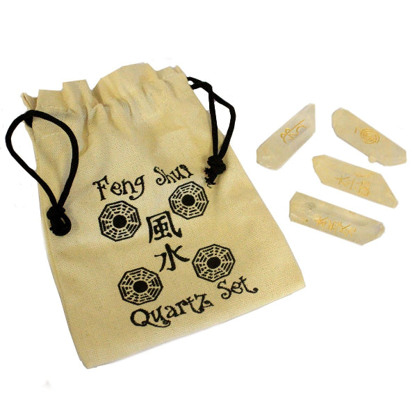Feng Shui Quartz set with stones and a drawstring bag on a white background