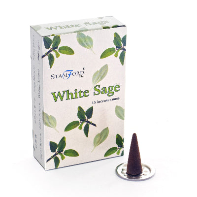 Stamford White Sage incense cone with packaging on a white background