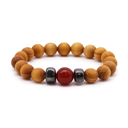 Wooden beaded bracelet with red and gray beads on a white background
