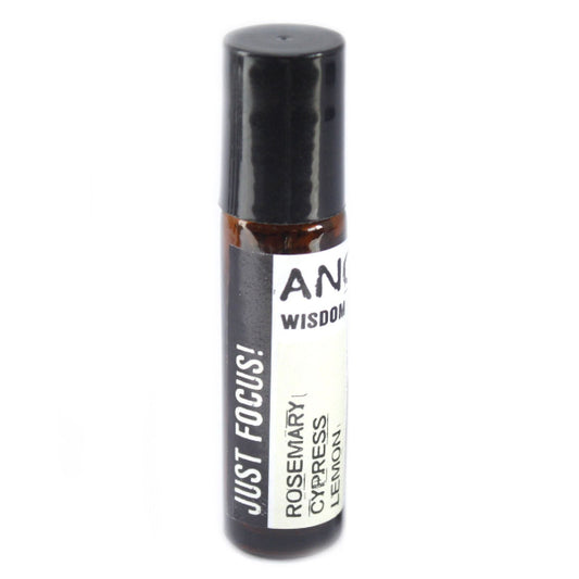 Small rollerball bottle with black cap and white label on a white background