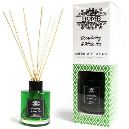 Green reed diffuser with wooden sticks and packaging labeled 'Gooseberry & White Tea' on a white background.