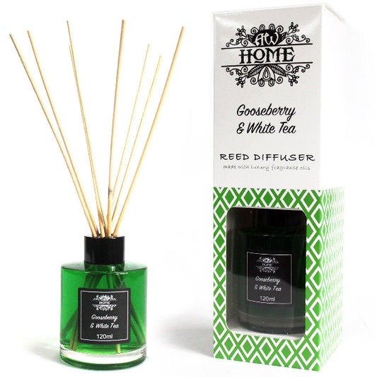 Green reed diffuser with wooden sticks and packaging labeled 'Gooseberry & White Tea' on a white background.