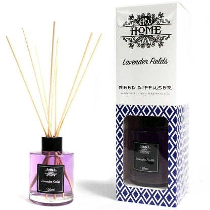Reed diffuser with packaging labeled 'Lavender Fields' on a white background