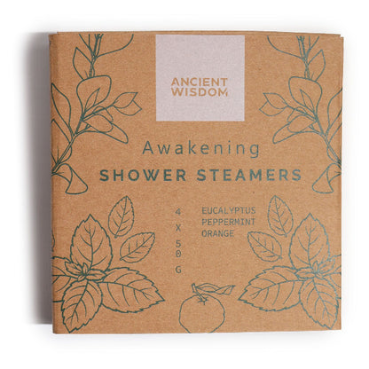 Box of Ancient Wisdom Awakening Shower Steamers with leaf designs on a white background