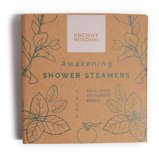 Box of Ancient Wisdom Awakening Shower Steamers with leaf designs on a white background