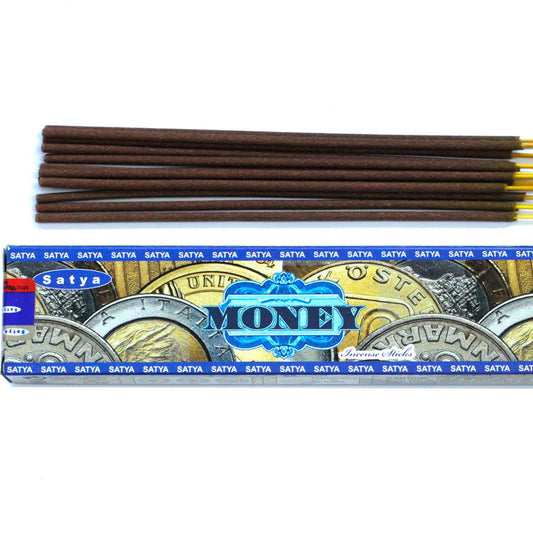 Satya Money incense sticks with packaging on a white background