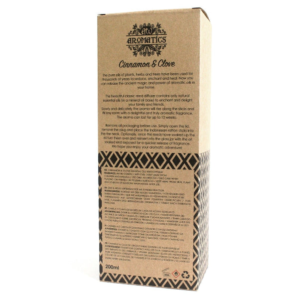 Cardboard packaging of Aromatics Cinnamon & Clove diffuser with text and branding.