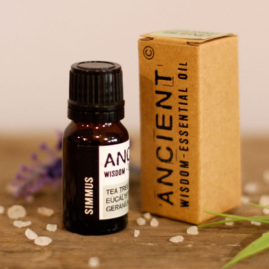 Bottle and box of Ancient Wisdom essential oil on a wooden surface with blurred background