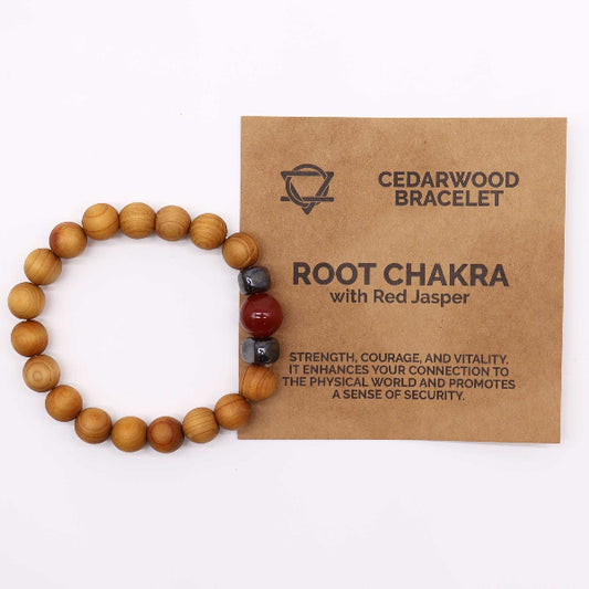 Wooden bracelet with red jasper beads on a Cedarwood Bracelet packaging.