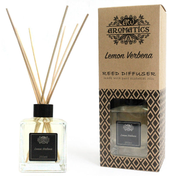 Reed diffuser with 'Lemon Verbena' scent and packaging on a white background