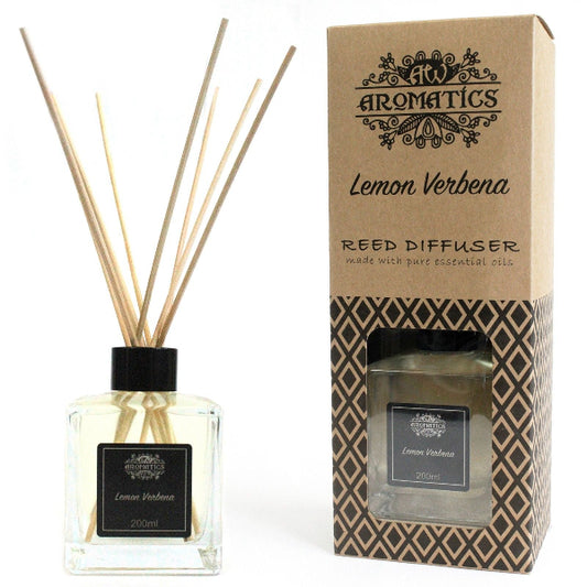 Reed diffuser with 'Lemon Verbena' scent and packaging on a white background
