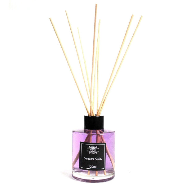 Reed diffuser with wooden sticks in a clear bottle on a white background