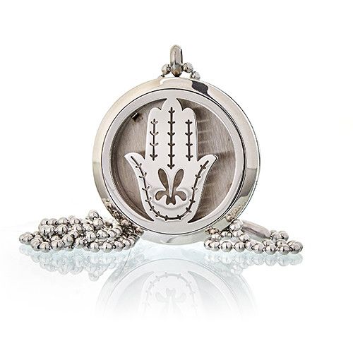 Silver pendant with Hamsa design on a white background
