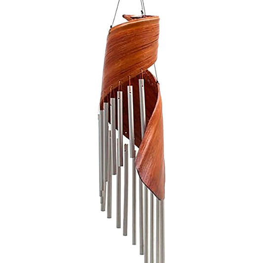 Wooden wind chime with metal tubes on a white background