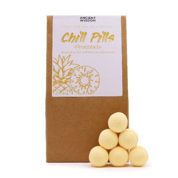 Packaging of 'Chill Pills' with yellow candies on a white background