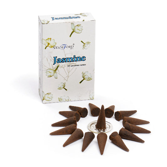 Jasmine incense cones with packaging on a white background