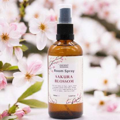 Room spray bottle labeled 'Sakura Blossom' with cherry blossoms in the background